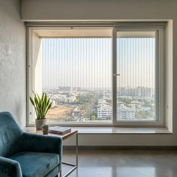 Vertical cable grills viewed through a sliding window